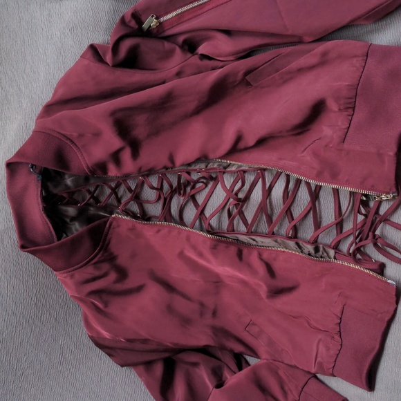✨Wow Couture Bergundy Lace up Jacket - Picture 2 of 3